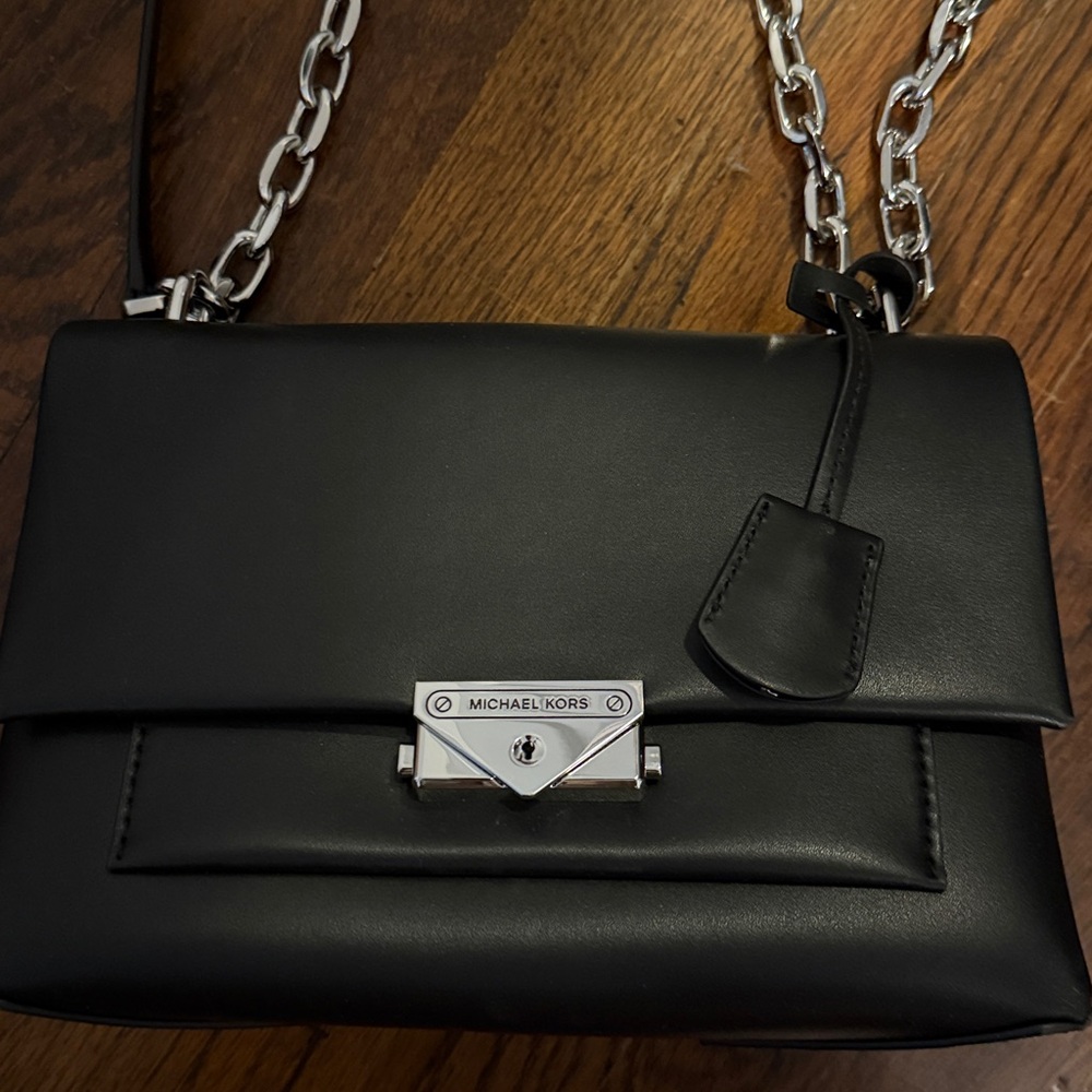 Michael Kors Black Leather Crossbody with Silver Chain